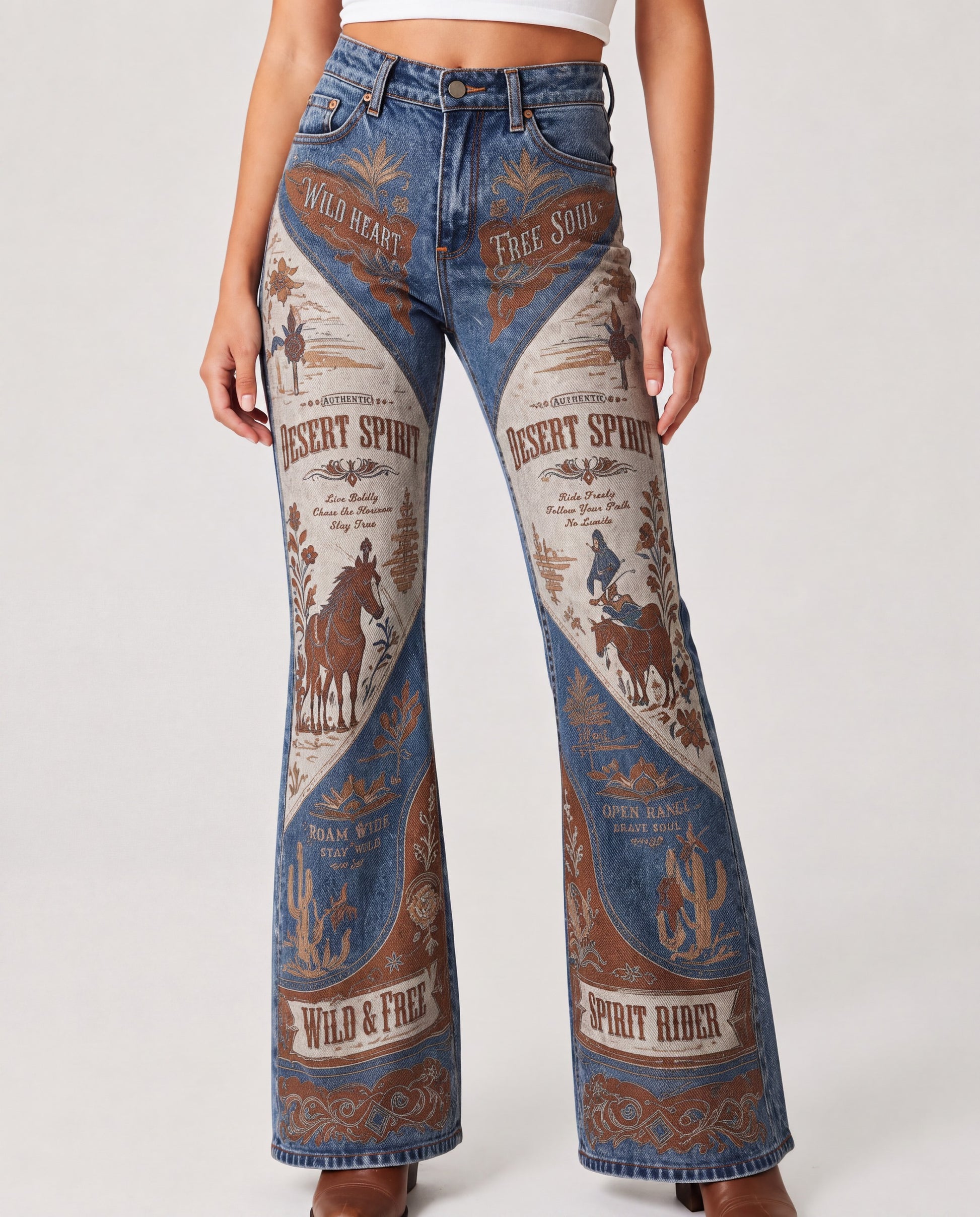 Desert Spirit Rider Bootcut Jeans – Front View – Riley – blue, brown, beige