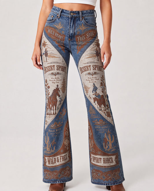 Desert Spirit Rider Bootcut Jeans – Front View – Riley – blue, brown, beige