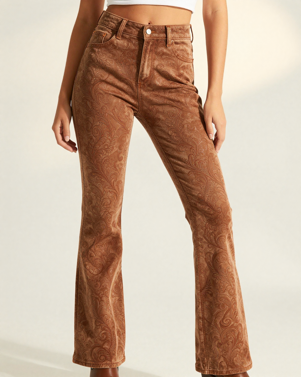 Tooled Leather Bootcut Jeans – Front View – Riley – Saddle Brown / Dark Brown