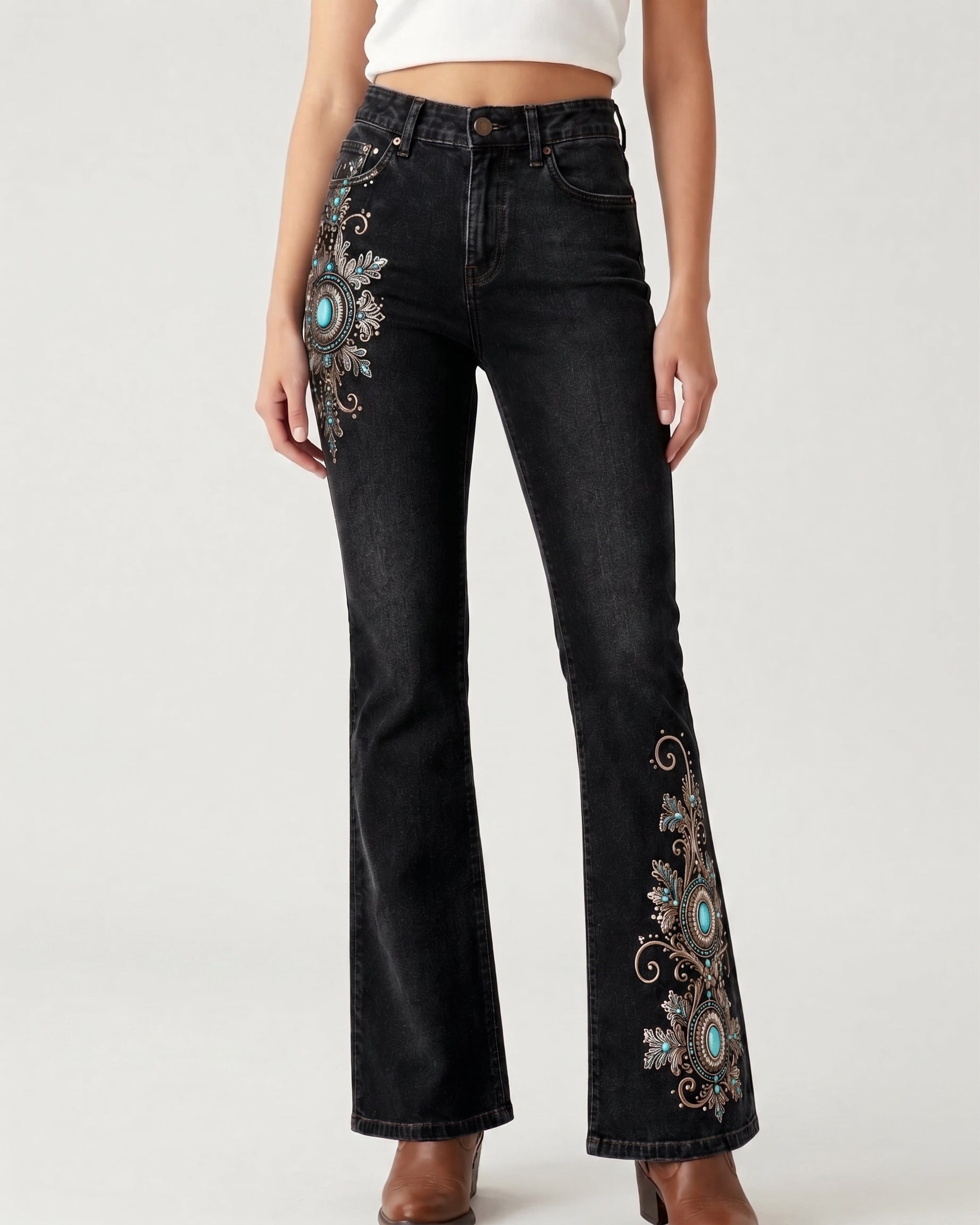 Chocolate Ornate Scroll Bootcut Jeans – Front View – Riley – Chocolate Brown