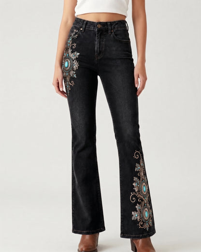 Chocolate Ornate Scroll Bootcut Jeans – Front View – Riley – Chocolate Brown