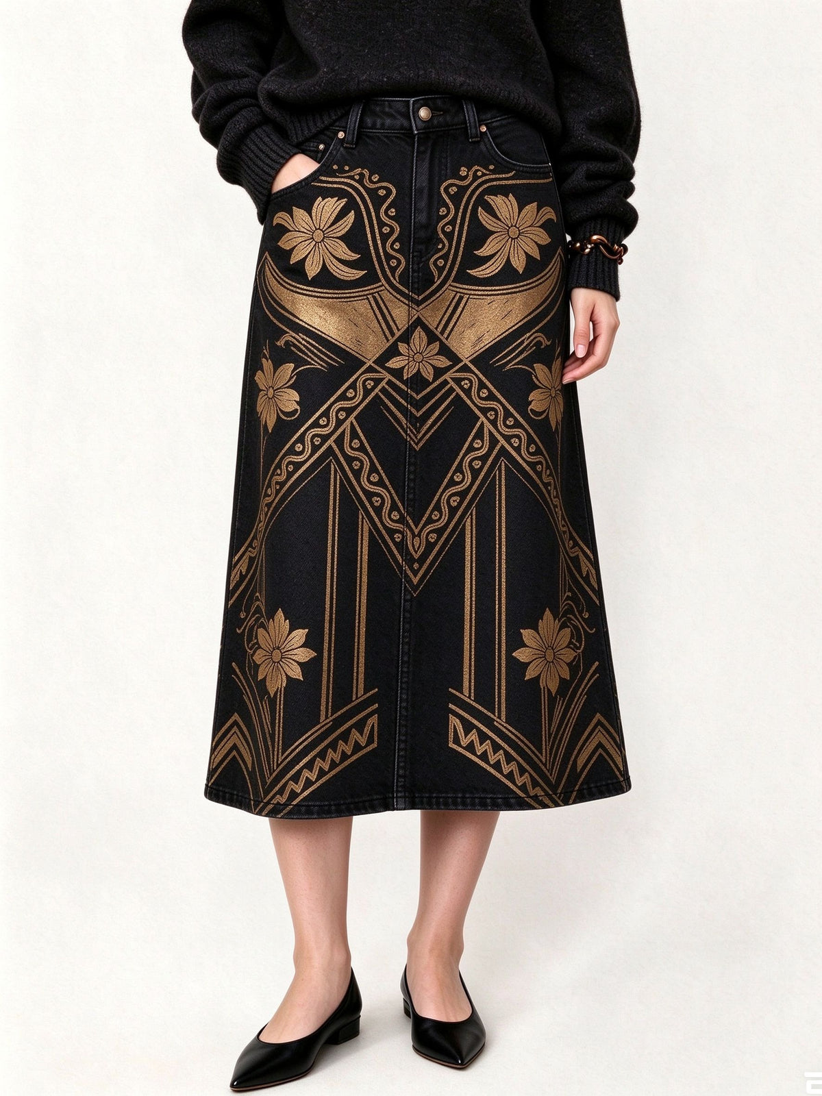 Desert Tribal Ankle-Length Denim Skirt