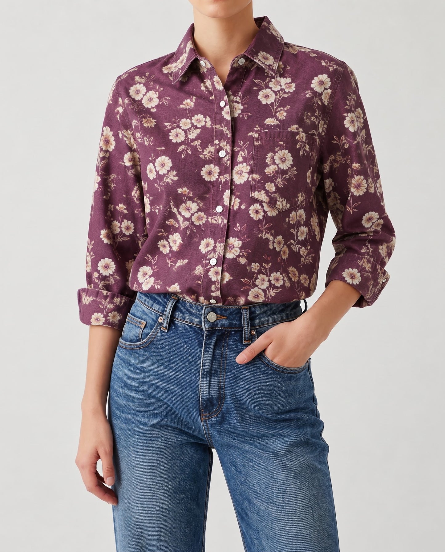 Prairie Bloom Burgundy RB-TOP16 – Front View – Riley – Denim