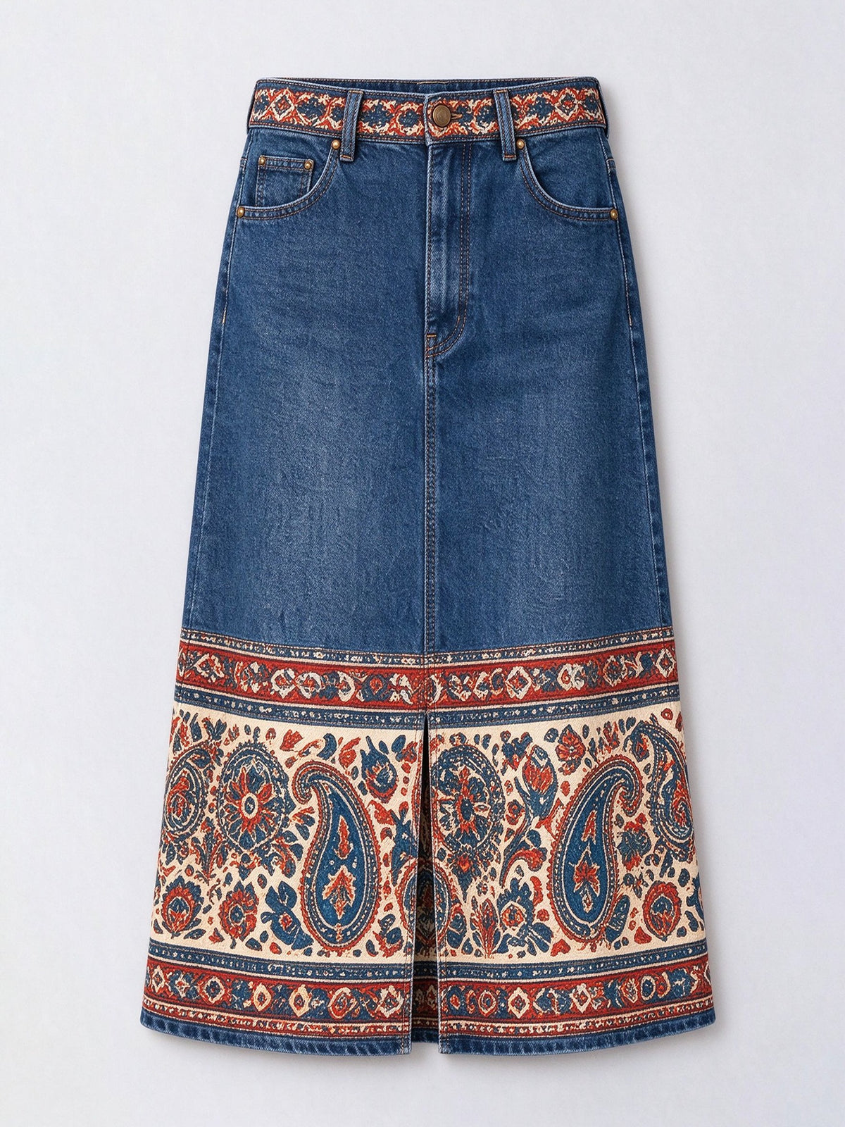 Prairie Paisley Band Denim Midi Skirt