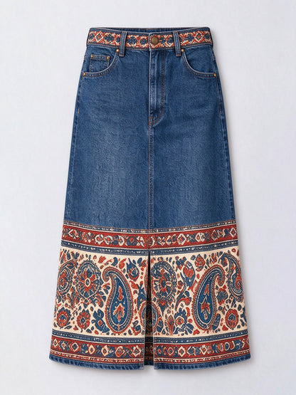 Prairie Paisley Band Denim Midi Skirt