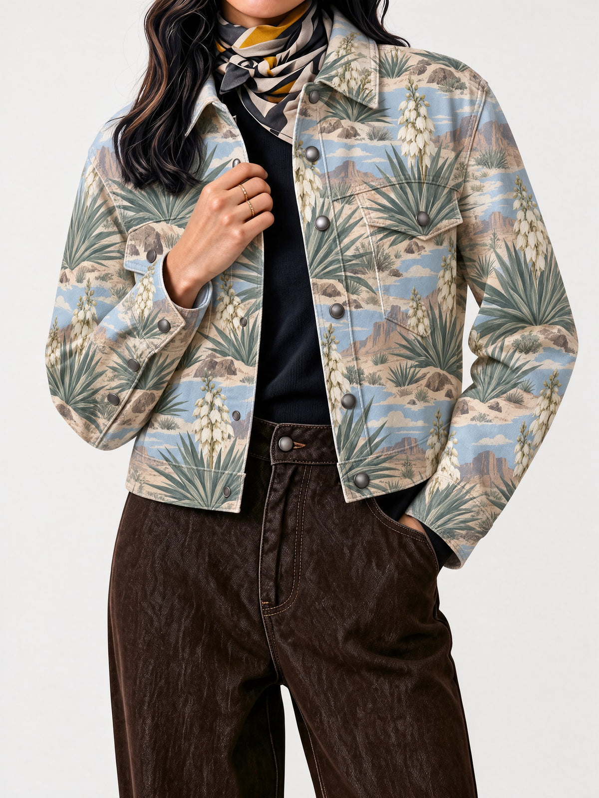 Desert Cactus Bloom Cropped Denim Jacket