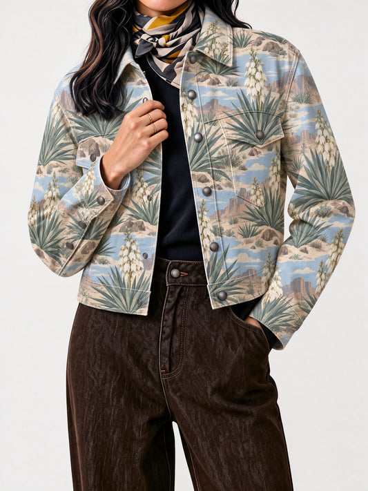 Desert Cactus Bloom Cropped Denim Jacket