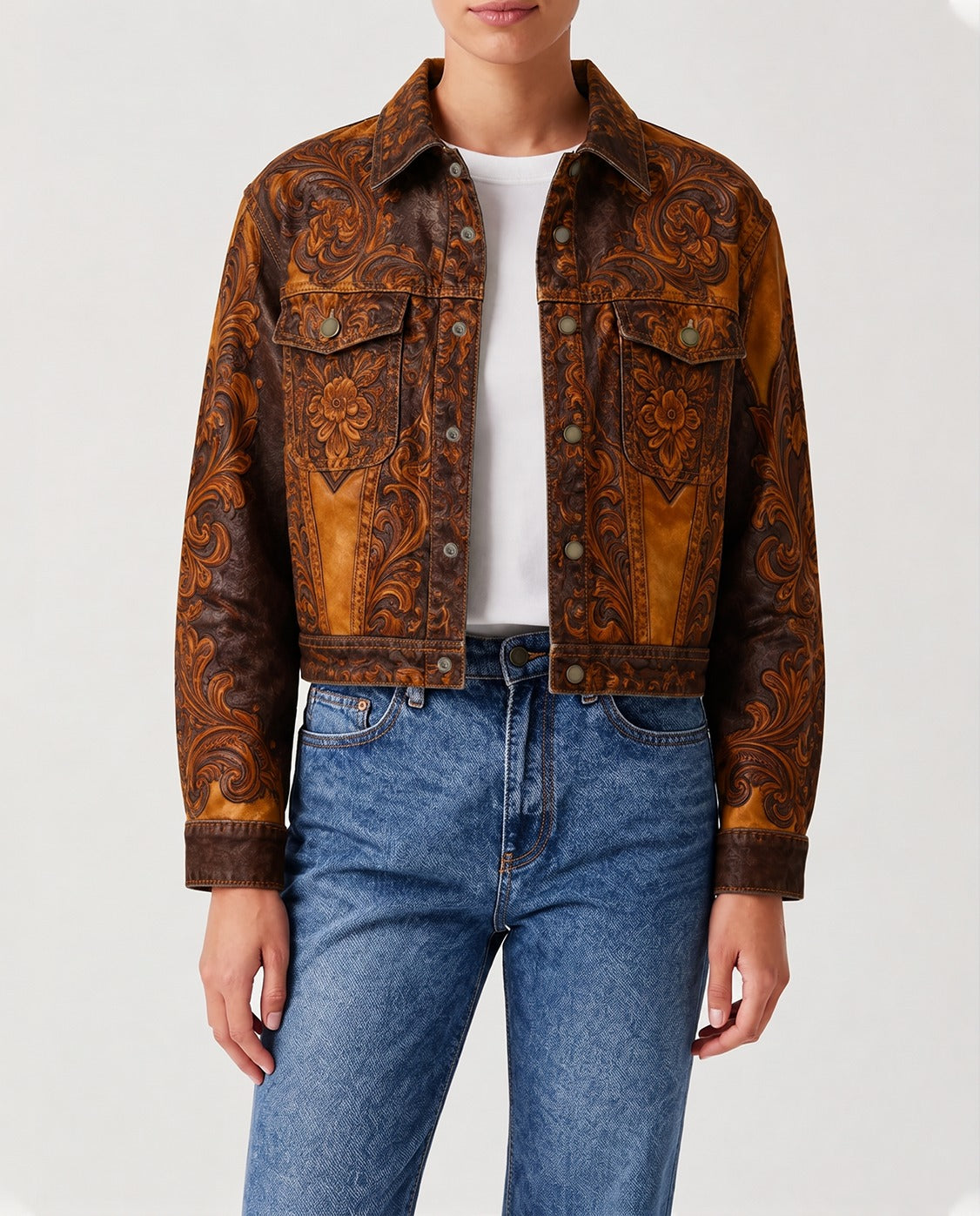 Desert Bloom Brown Floral 2 RB-JKT01 – Front View – Riley – Denim