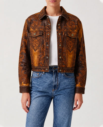 Desert Bloom Brown Floral 2 RB-JKT01 – Front View – Riley – Denim