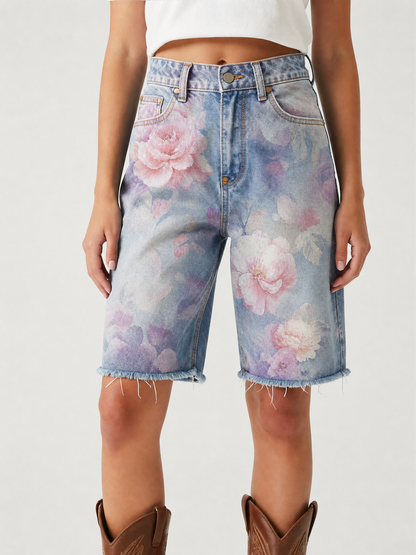 Sapphire Scroll AOP Denim Shorts – Front View – Riley – Medium Blue
