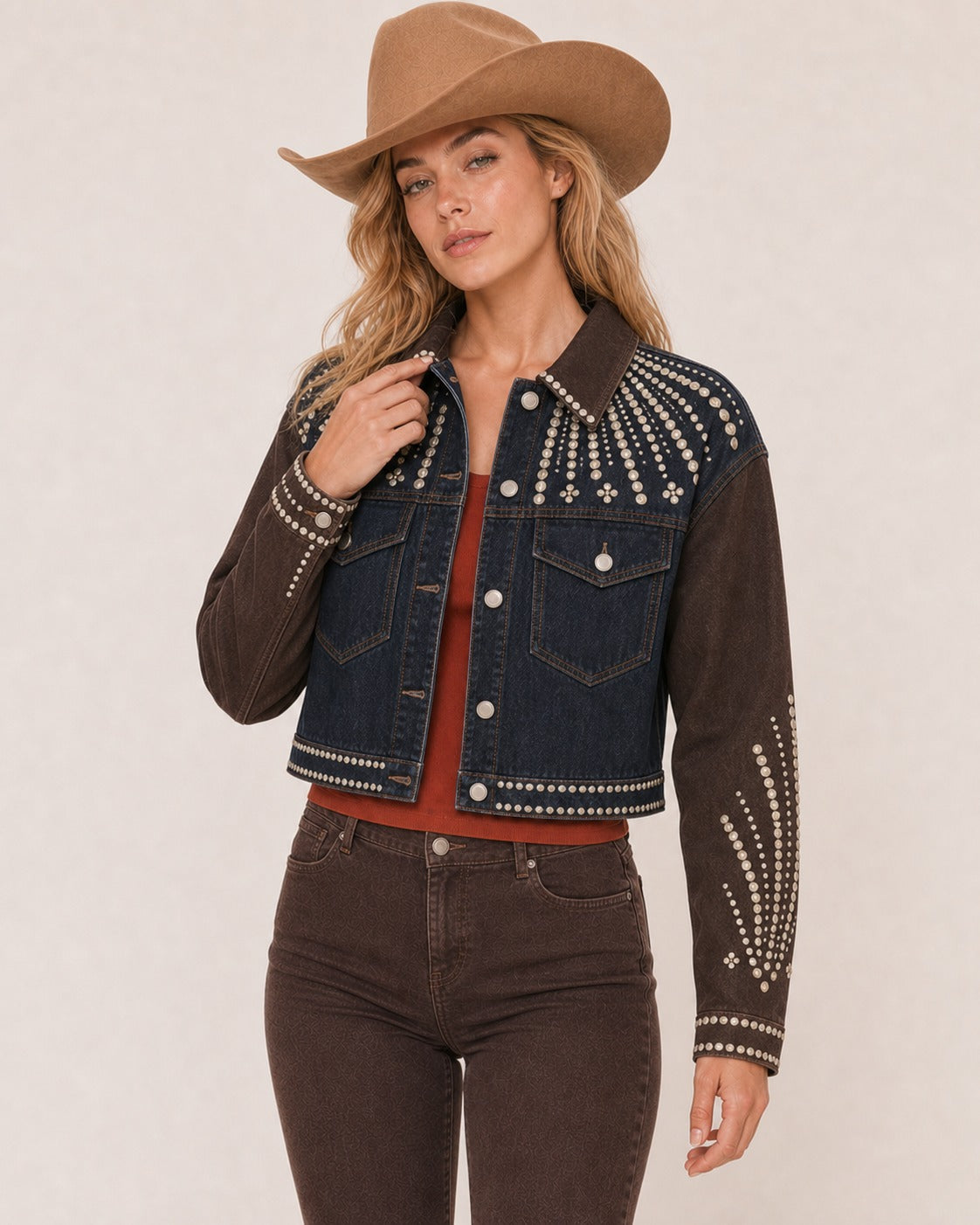 Desert Bloom Navy RB-JKT01 – Front View – Riley – Navy Blue, Brown, Cream