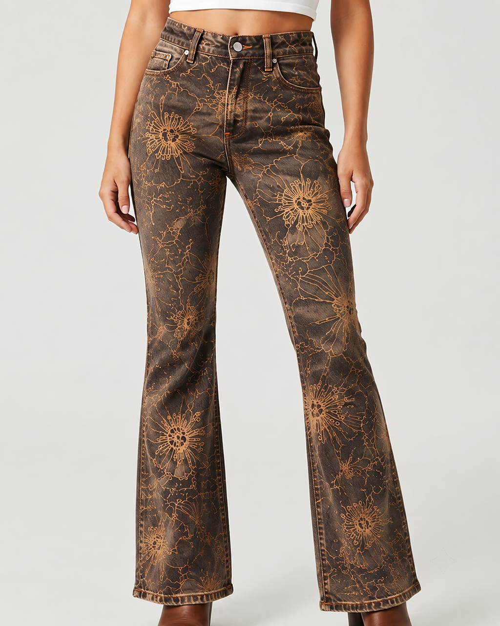 Cactus Bloom Brown Bootcut Jeans – Front View – Riley – brown