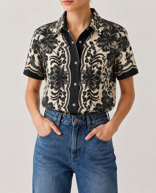 Cactus Bloom Black Floral 2 Short Sleeve Denim Shirt