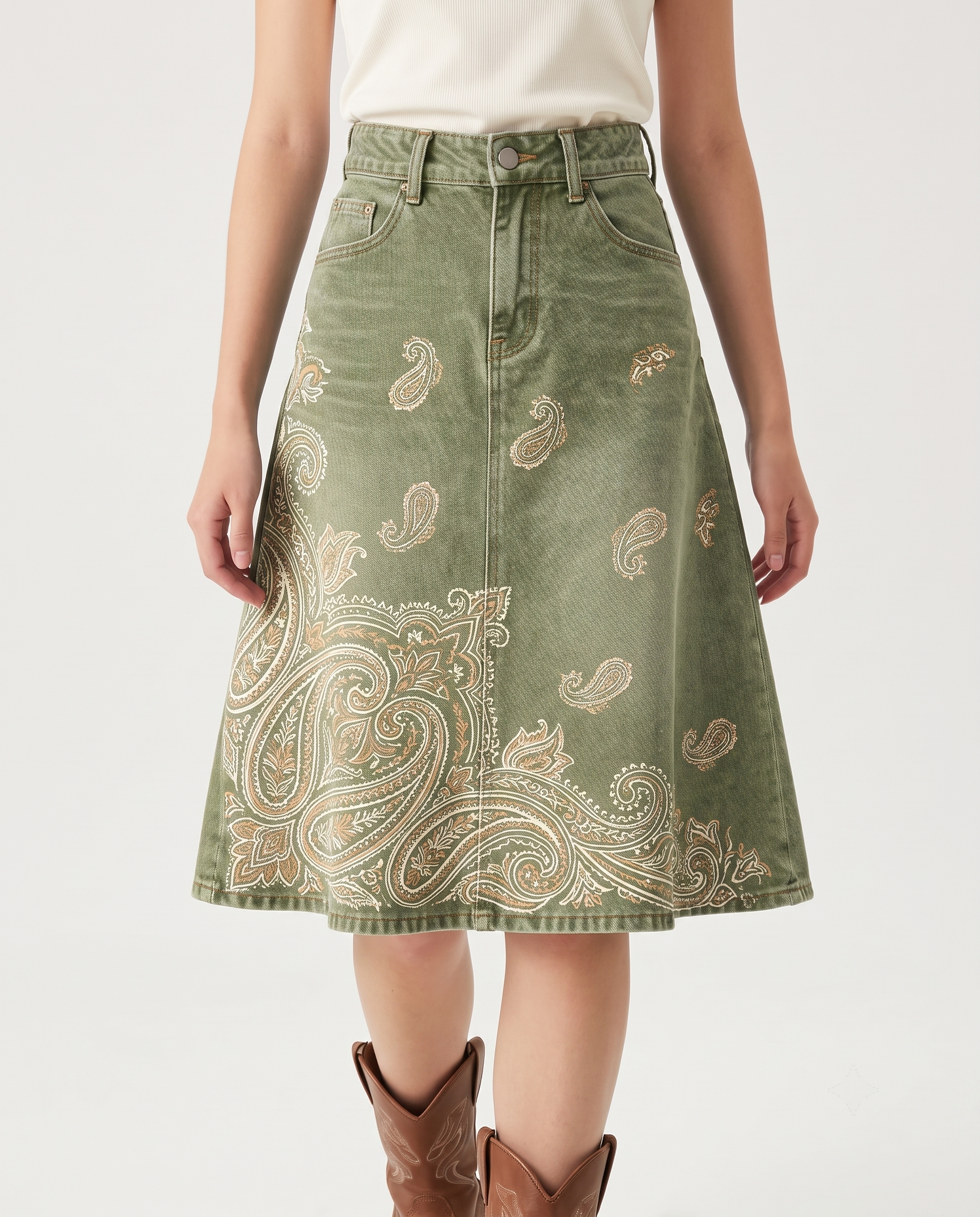Olive Paisley RB-SKT03 – Front View – Jessie – Olive Green