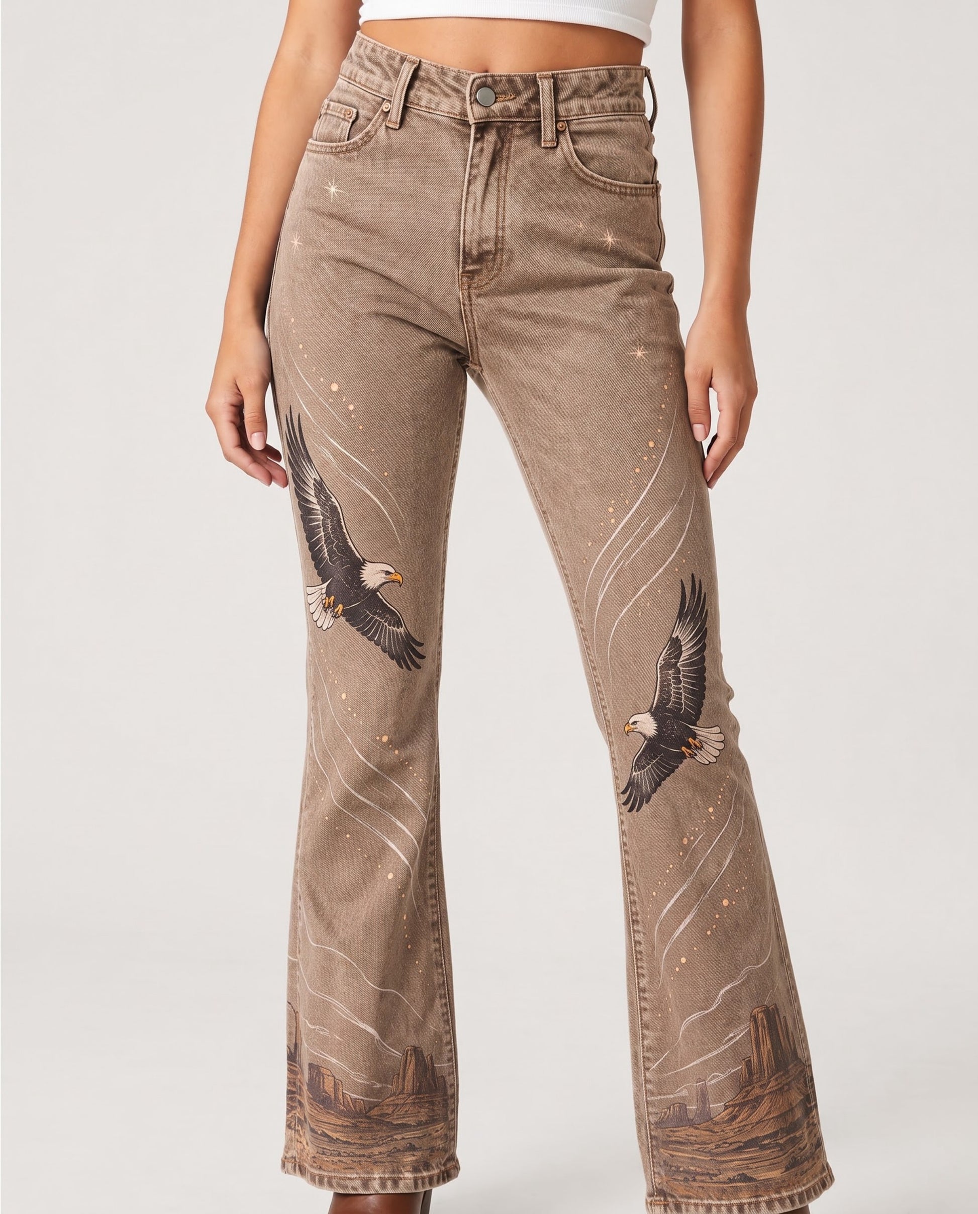 Desert Soar Taupe Bootcut Jeans – Front View – Riley – taupe