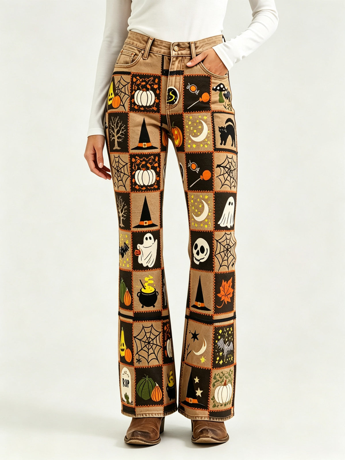 Haunted Prairie Bootcut Jeans – Front View – Riley – tan, black, orange, white