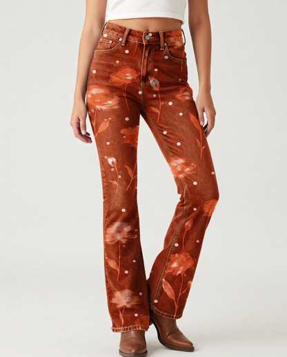 Desert Bloom Burnt Bootcut Jeans – Front View – Riley – Burnt Orange