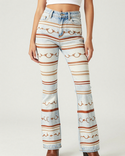 Stirrup Stripe Bootcut Jeans – Front View – Riley – White / Brown