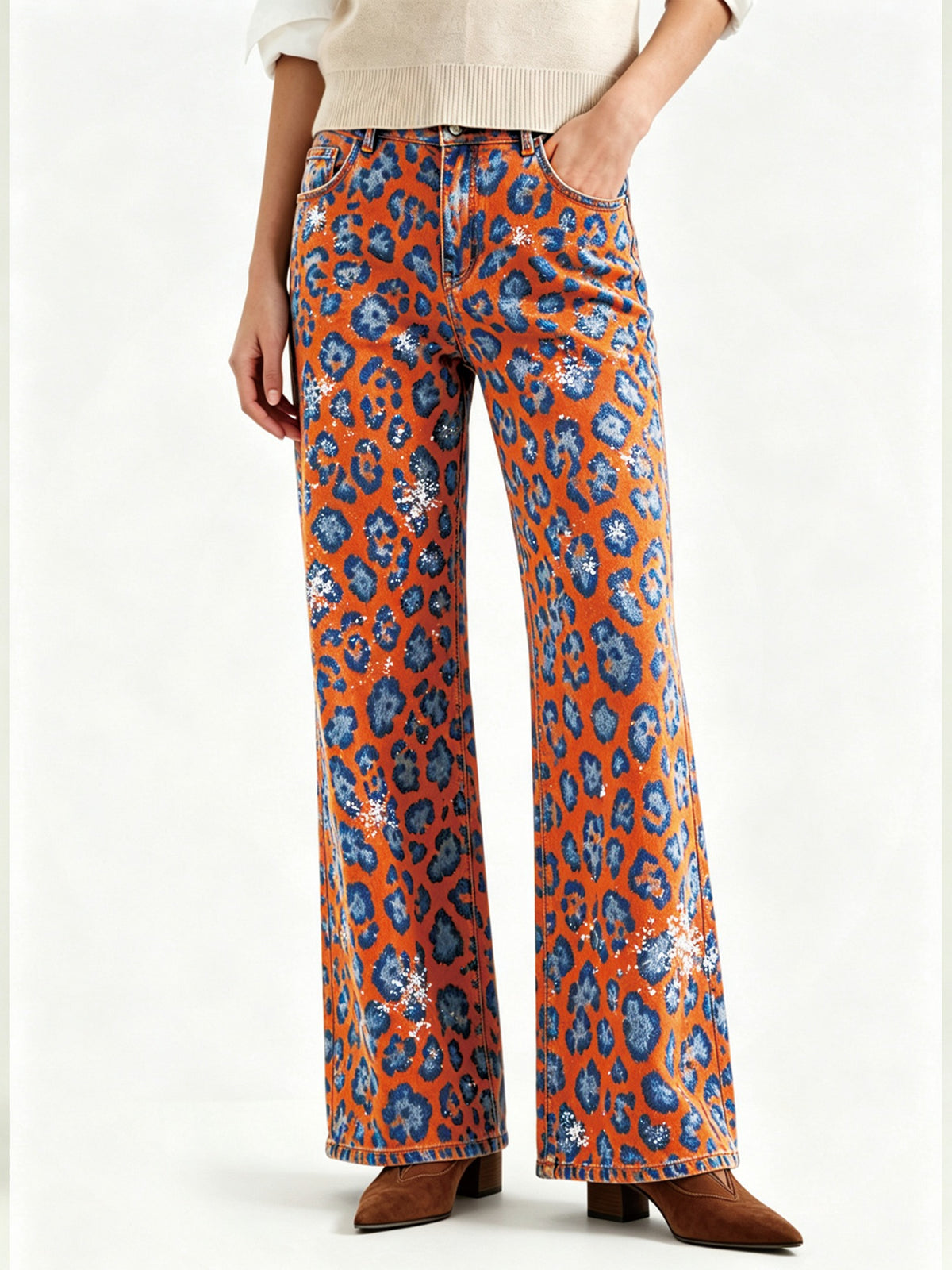 Cactus Bloom Bootcut Jeans – Front View – Riley – Orange, Blue