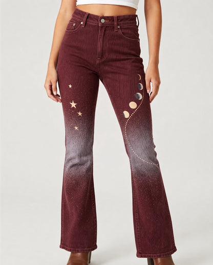 Stardust Trails Burgundy Bootcut Jeans – Front View – Riley – burgundy