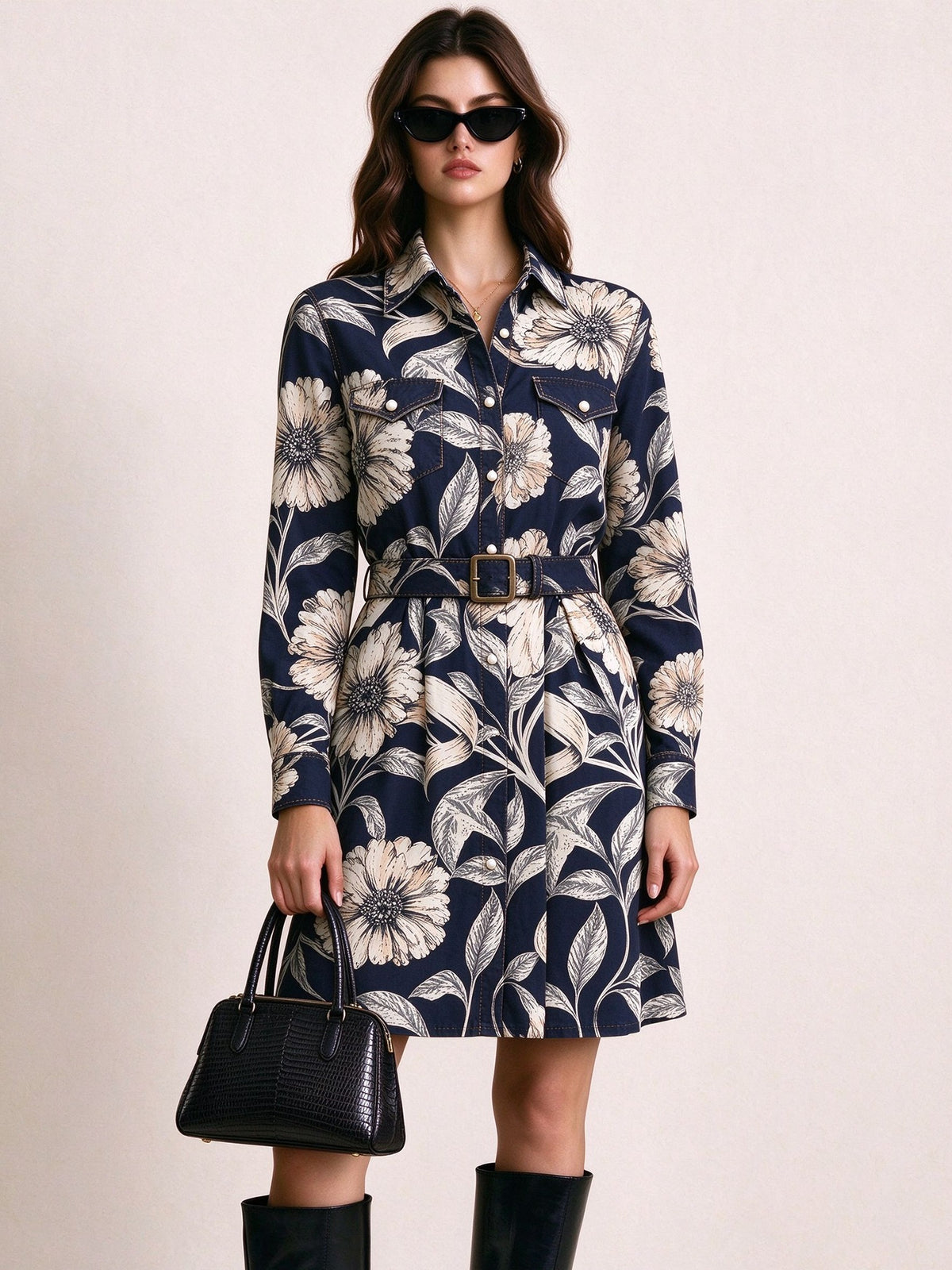 Midnight Flora Belted Shirt Dress