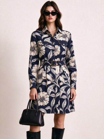 Midnight Flora Belted Shirt Dress