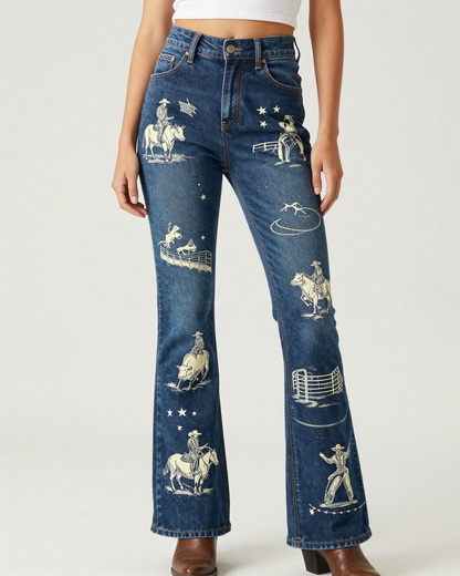 Rodeo Toile Navy Bootcut Jeans – Front View – Riley – Navy / White