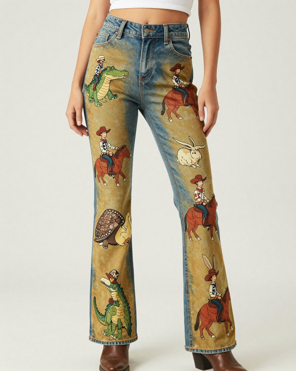 Gator Wrangler Bootcut Jeans – Front View – Riley – Mustard / Brown