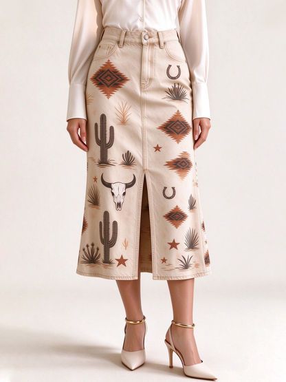 Desert Mirage 974 Western Denim Midi Skirt – Front View – Riley – Beige