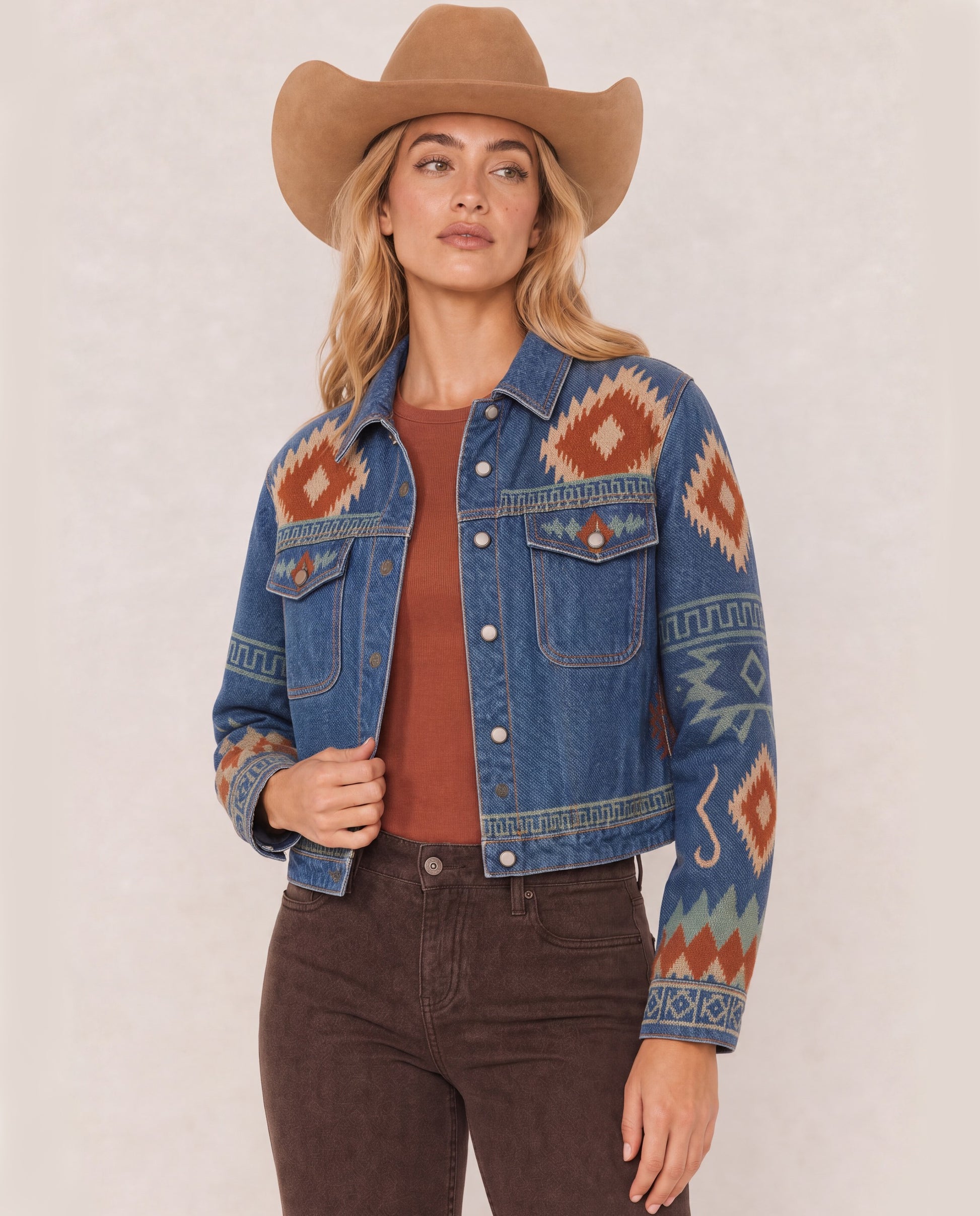 Desert Mirage Blue RB-JKT01 – Front View – Riley – Blue, Terracotta, Cream, Teal