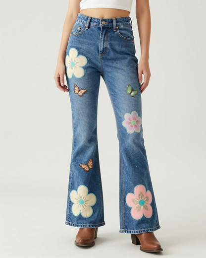 Floral Patchwork Bootcut Jeans – Front View – Riley – Medium Blue