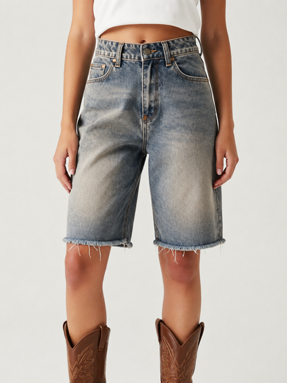 Indigo Paisley Bloom Denim Shorts – Front View – Riley – Dark Indigo