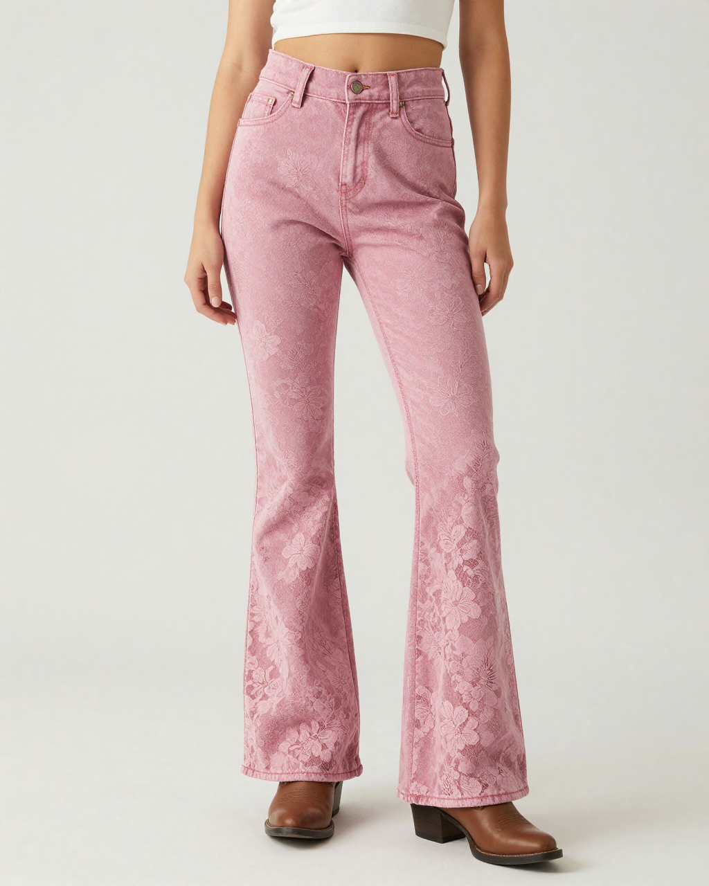 Pink Lace Overlay Bootcut Jeans – Front View – Riley – Dusty Pink