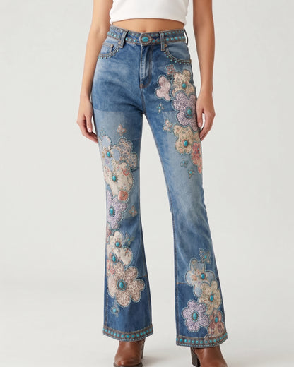 Black Turquoise Vine Bootcut Jeans – Front View – Riley – Black
