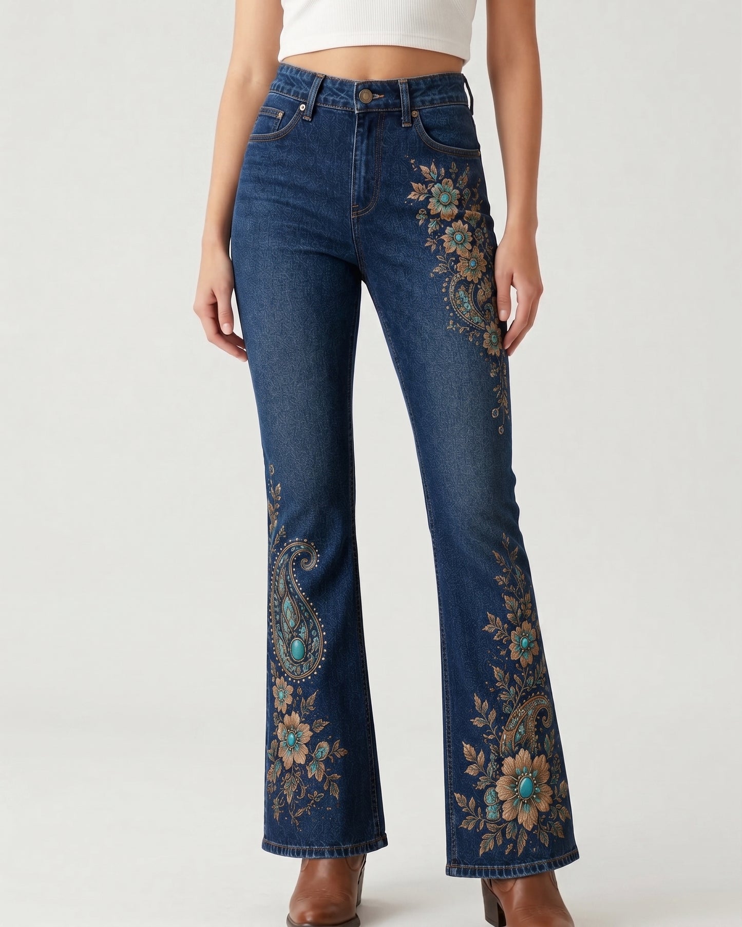 Turquoise Tribal Hem Bootcut Jeans – Front View – Riley – Medium Blue