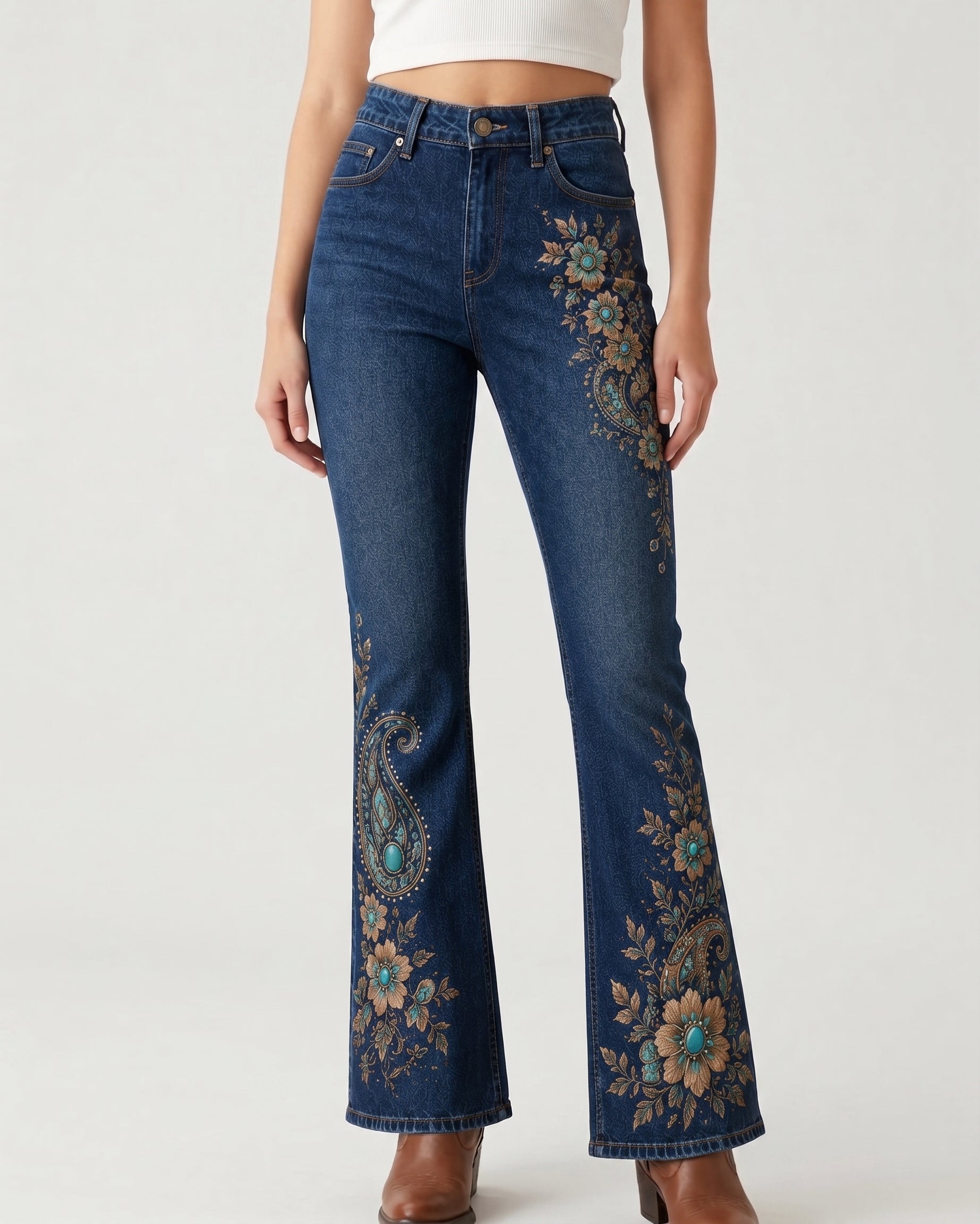 Turquoise Tribal Hem Bootcut Jeans – Front View – Riley – Medium Blue