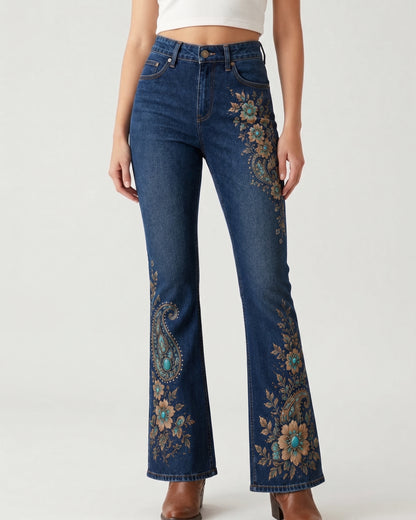 Turquoise Tribal Hem Bootcut Jeans – Front View – Riley – Medium Blue