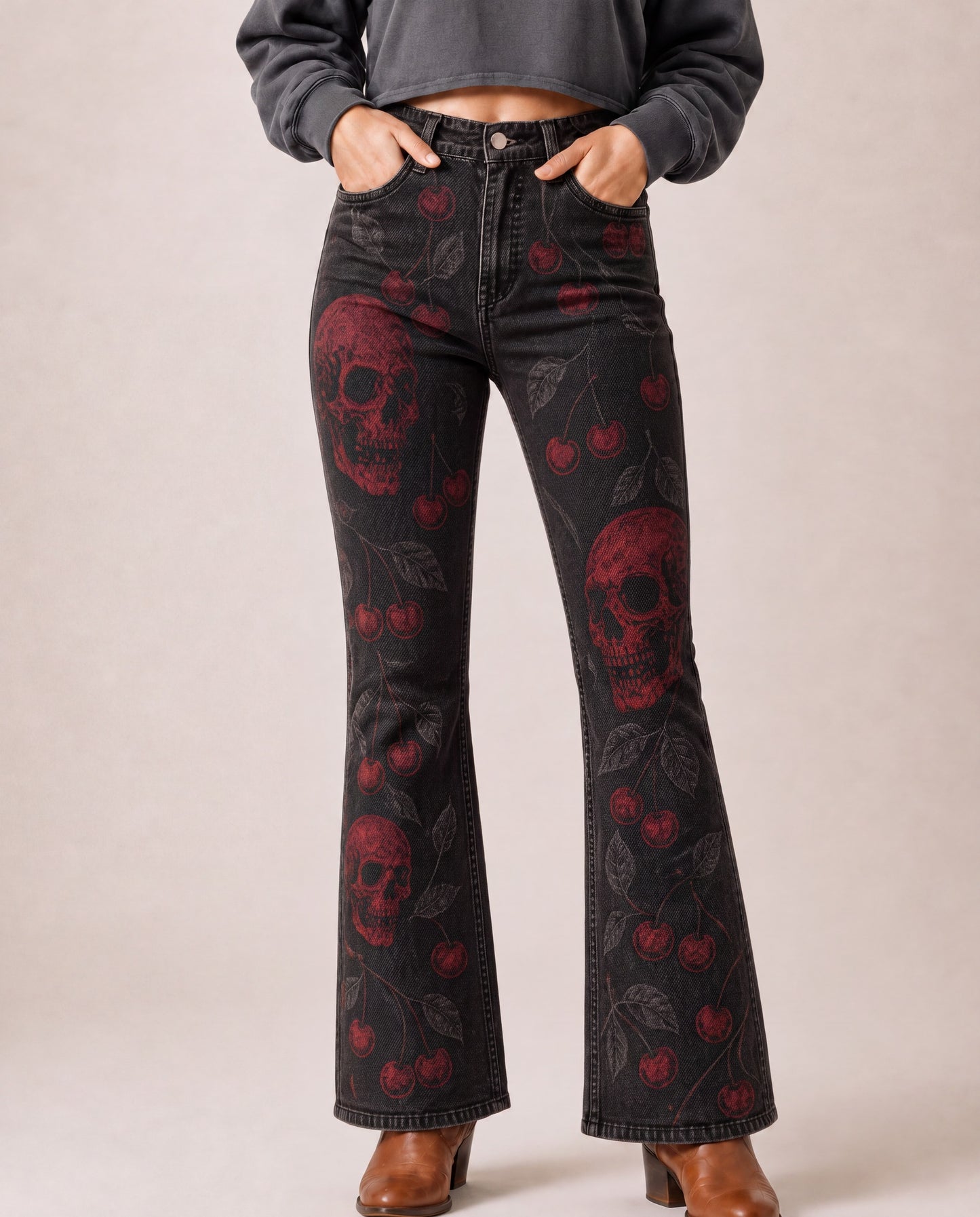 Skull & Cherry Bootcut Jeans – Front View – Riley – black, red