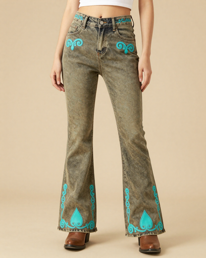 Turquoise Scroll Bootcut Jeans – Front View – Riley – Olive Brown