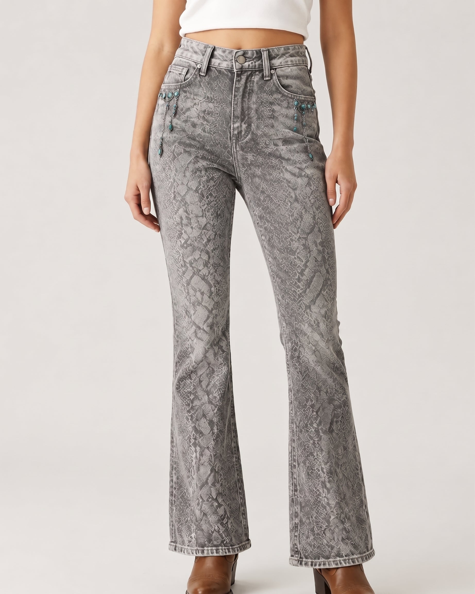 Turquoise Ornate AOP Bootcut Jeans – Front View – Riley – Medium Blue