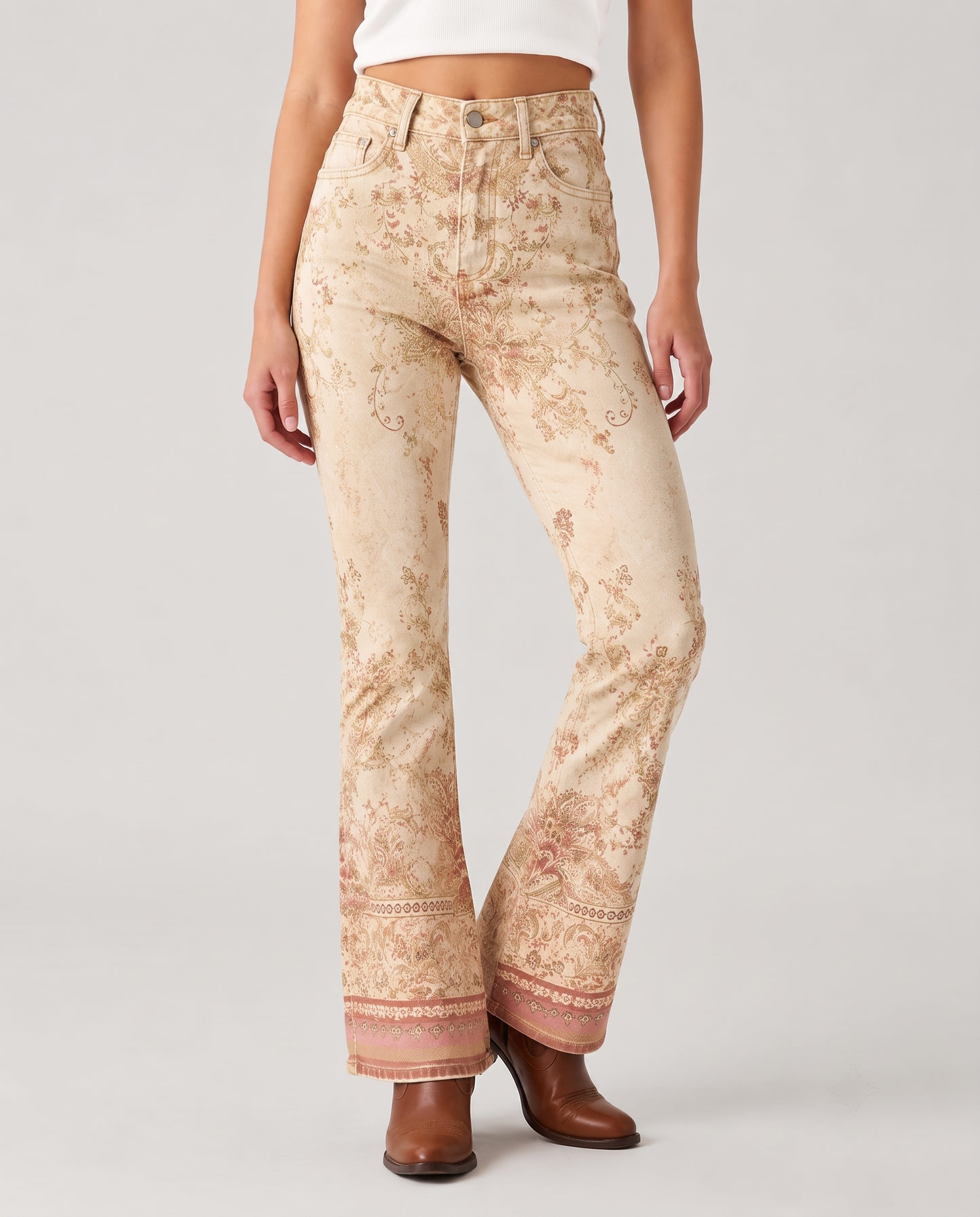 Desert Bloom Light Bootcut Jeans – Front View – Riley – Light Beige