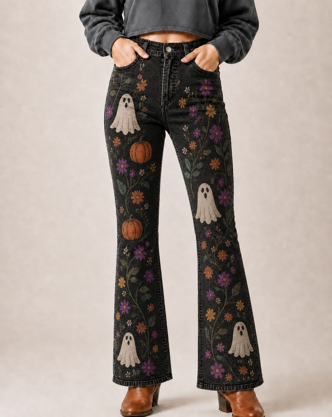 Ghostbloom Riders Bootcut Jeans – Front View – Riley – black