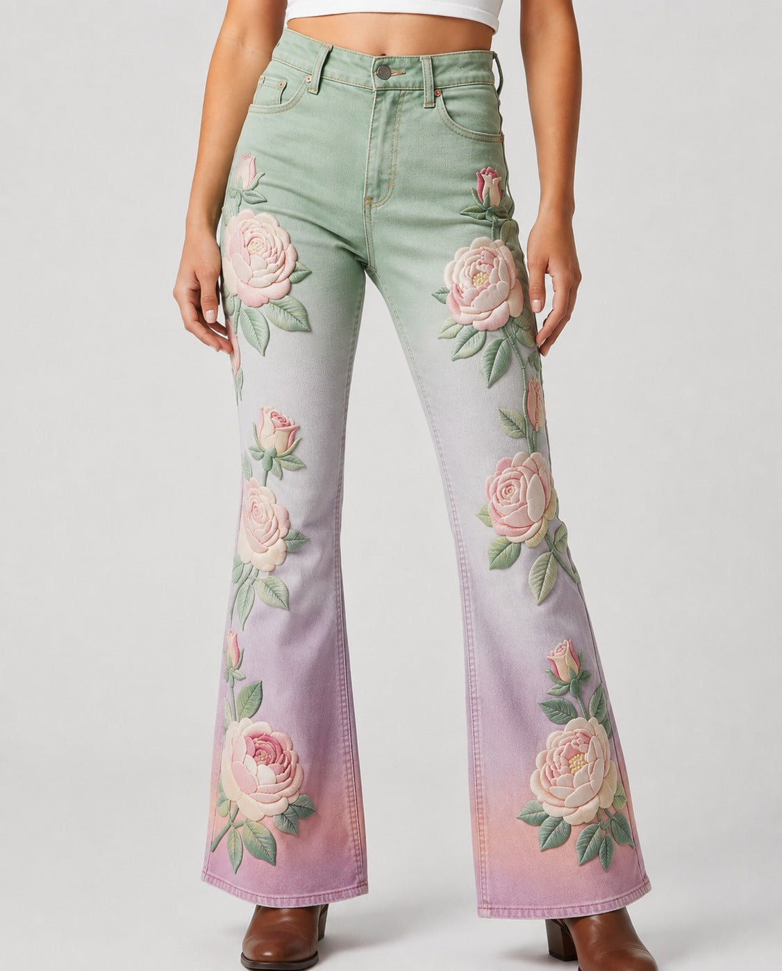Prairie Rose Bootcut Jeans – Front View – Riley – mint, lavender, pink