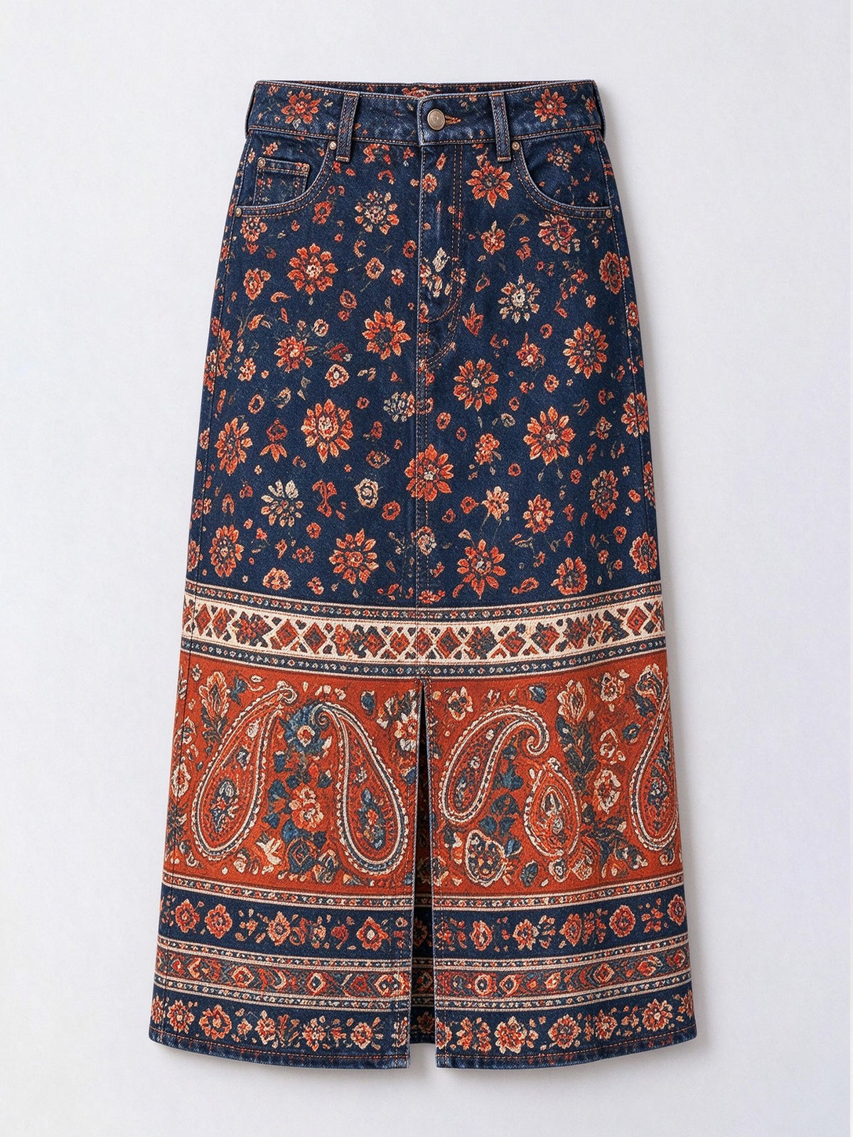 Frontier Bandana Bloom Denim Midi Skirt