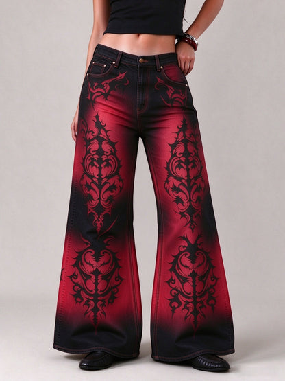 Crimson Desperado Damask Wide-Leg Jeans