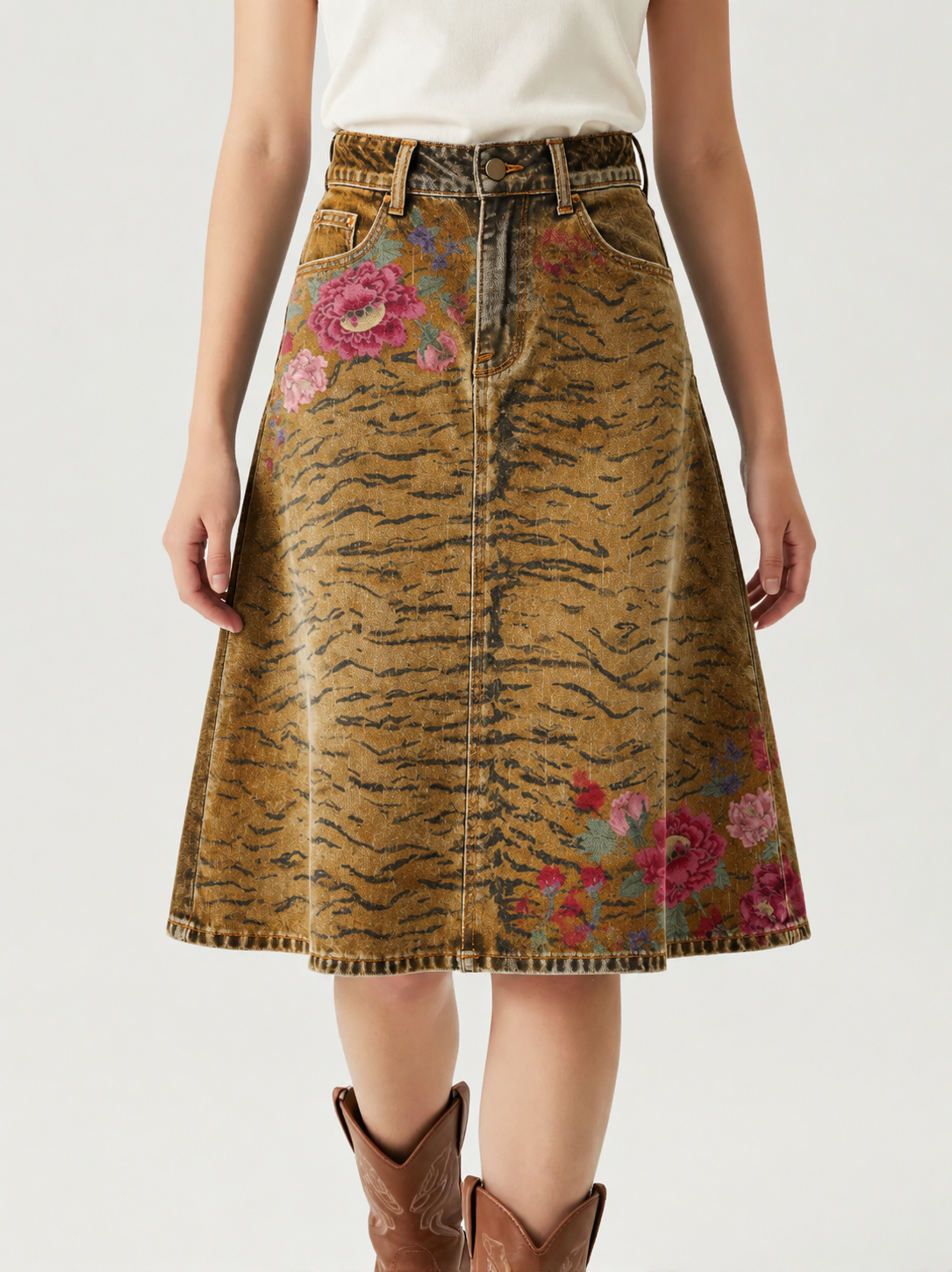 Tan Florals Animal Print RB-SKT03 – Front View – Jessie – Brownish-Tan