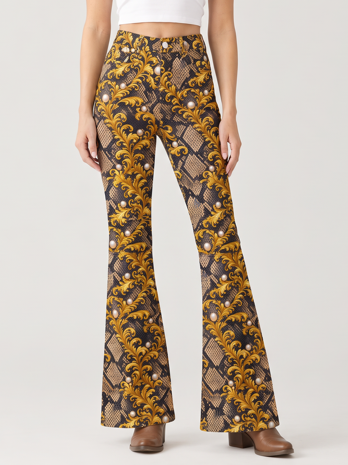 Golden Serpent Bootcut Jeans – Front View – Riley – Gold