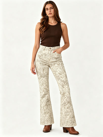 Prairie Bloom Cream Floral Bootcut Jeans – Front View – Riley – cream