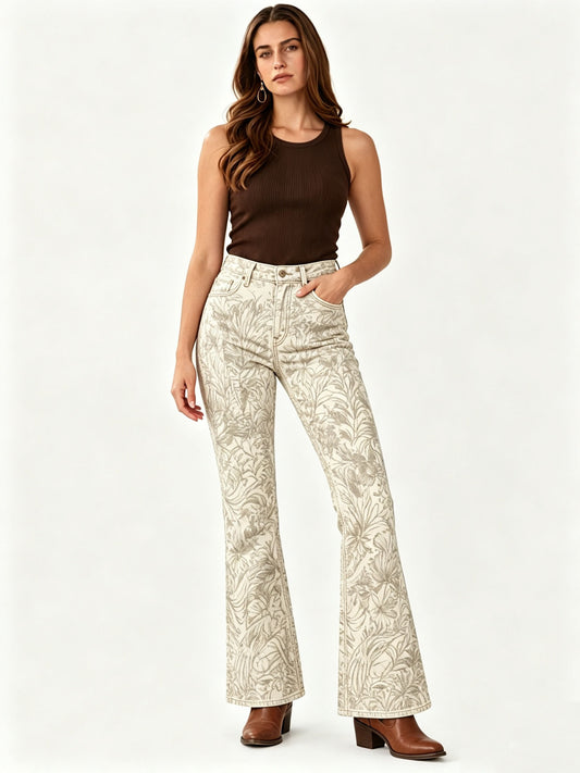 Prairie Bloom Cream Floral Bootcut Jeans – Front View – Riley – cream