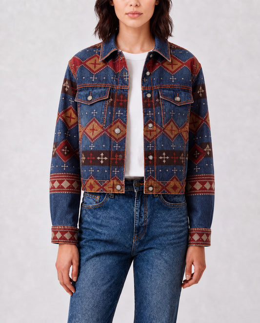 Desert Mirage Indigo RB-JKT01 – Front View – Riley – Indigo, Terracotta, Burnt Orange